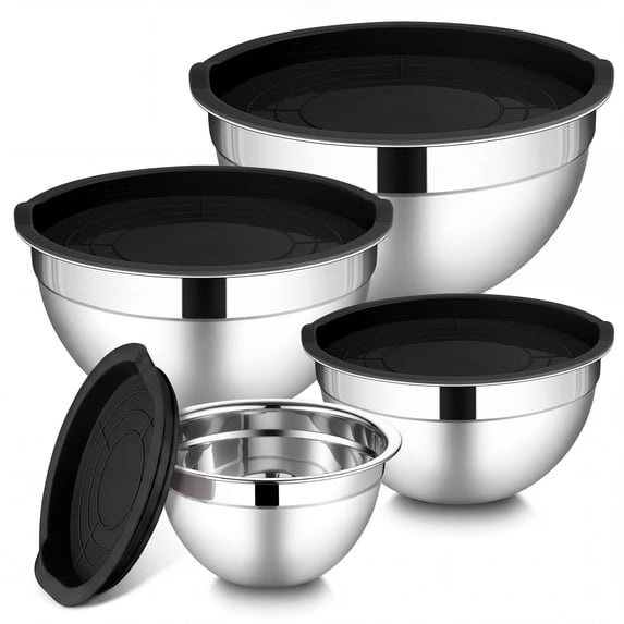 Walchoice Mixing Bowls with Lid Set of 4, Stainless Steel Nesting Metal Bowls for Kitchen Storage, Ideal for Preparing Cooking Serving Freezing, Size 0.7 & 1.2 & 2 & 2.5 QT - Black