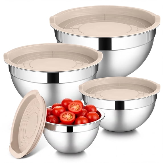 Walchoice Mixing Bowls with Lid Set of 4, Stainless Steel Nesting Metal Bowls for Kitchen Storage, Ideal for Preparing Cooking Serving Freezing, Size 0.7 & 1.2 & 2 & 2.5 QT - Khaki