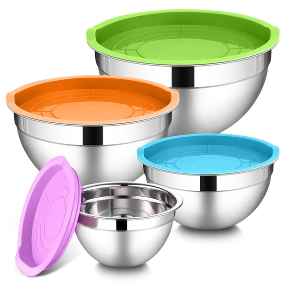 Walchoice Mixing Bowls with Lid Set of 4, Stainless Steel Nesting Metal Bowls for Kitchen Storage, Ideal for Preparing Cooking Serving Freezing, Size 0.7 & 1.2 & 2 & 2.5 QT - Multicolor