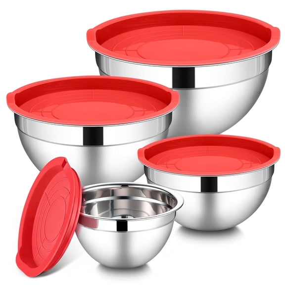 Walchoice Mixing Bowls with Lid Set of 4, Stainless Steel Nesting Metal Bowls for Kitchen Storage, Ideal for Preparing Cooking Serving Freezing, Size 0.7 & 1.2 & 2 & 2.5 QT - Red