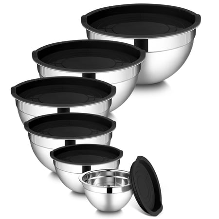 Walchoice Mixing Bowls with Lid Set of 6, Stainless Steel Metal Nesting Bowls for Cooking, Baking, Preparing, Serving, Size 4.5/ 3/ 2.5/ 1.5/ 1/ 0.7 QT - Black