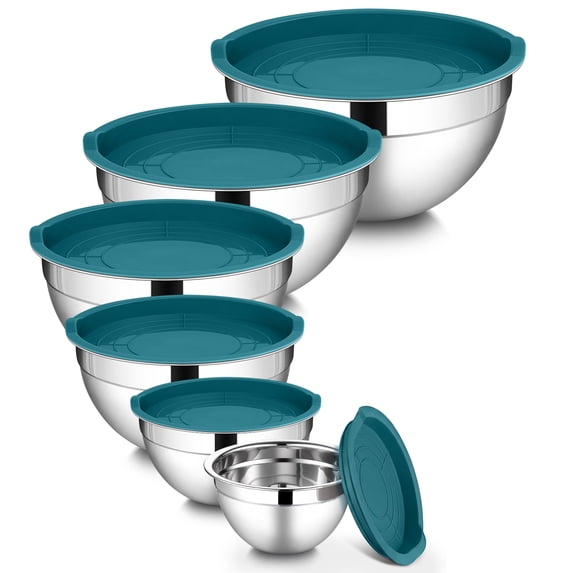 Walchoice Mixing Bowls with Lid Set of 6, Stainless Steel Metal Nesting Bowls for Cooking, Baking, Preparing, Serving, Size 4.5/3/2.5/1.5/1/0.7 QT - Dark Blue