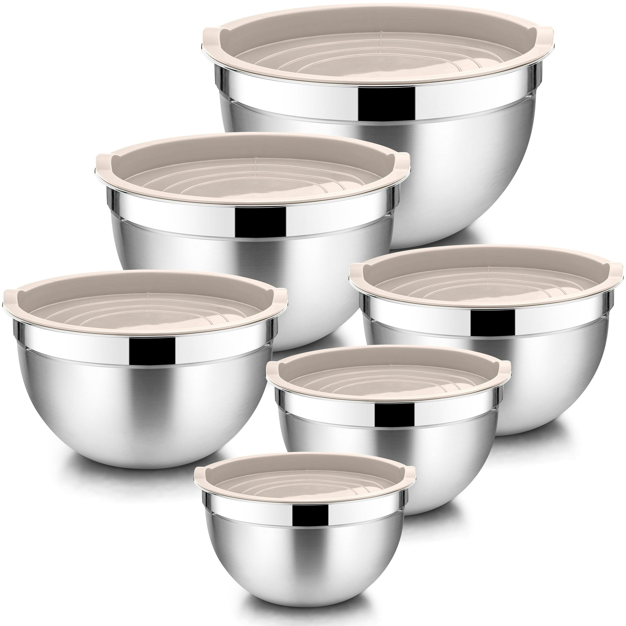 Walchoice Mixing Bowls with Lid Set of 6, Stainless Steel Metal Nesting Bowls for Cooking, Baking, Preparing, Serving, Size 4.5/3/2.5/1.5/1/0.7 QT - Khaki