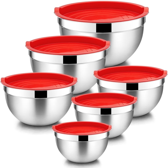 Walchoice Mixing Bowls with Lid Set of 6, 12-Piece Stainless Steel Metal Nesting Bowls for Cooking, Baking, Preparing, Serving, Size 4.5/3/2.5/1.5/1/0.7 QT - Red