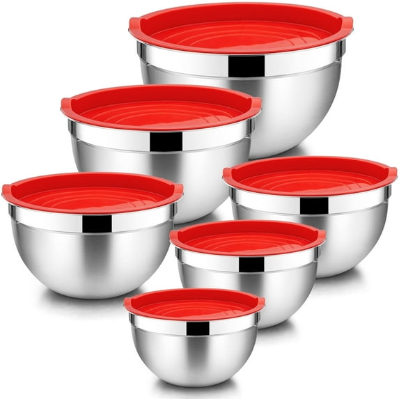 Walchoice Mixing Bowls with Lid Set of 6, Stainless Steel Metal Nesting Bowls for Cooking, Baking, Preparing, Serving, Size 4.5/3/2.5/1.5/1/0.7 QT - Red