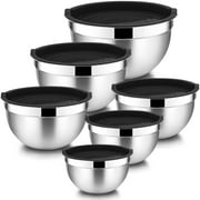 Walchoice Mixing Bowls with Lid Set of 6, Stainless Steel Metal Nesting Bowls for Cooking, Baking, Preparing, Serving, Size 4.5/3/2.5/1.5/1/0.7 QT - Black