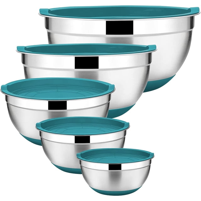 Walchoice Mixing Bowls with Lids Set of 5, Stainless Steel Nesting Bowls for Baking Serving Preparing, Include 7/3.5/2.5/2/1 QT Metal Bowls - Dark Blue