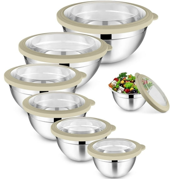 Walchoice Mixing Bowls Set of 7, Stainless Steel Prep Bowls with Airtight Clear Lids, Metal Nesting Salad Bowls for Cooking Serving Storing, Dishwasher Safe, 4.6/ 3.5/ 2.6/ 2/ 1.5/ 1/ 0.7 QT - Khaki