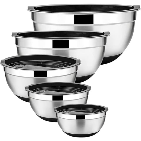 Walchoice Mixing Bowls with Lids Set of 5, Stainless Steel Nesting Bowls for Baking Serving Preparing, Include 7/3.5/2.5/2/1 QT Metal Bowls - Black