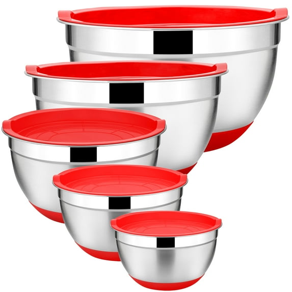 Walchoice Mixing Bowls with Lids Set of 5, Stainless Steel Nesting Bowls for Baking Serving Preparing, Include 7/3.5/2.5/2/1 QT Metal Bowls - Red