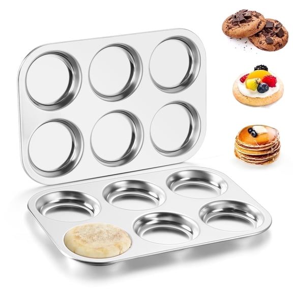 Walchoice Muffin Top Pan Set of 2, Stainless Steel Muffin Tin for Baking, Non-stick 6-Cup Metal Cupcake Pan Tray, Oven & Dishwasher Safe, Non-toxic & Heavy-duty (11” x 7.5”, Silver)