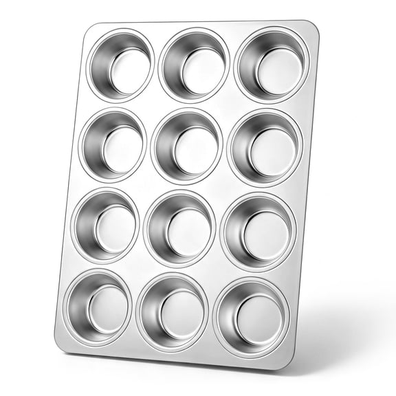 Walchoice Muffin Pan 12-Cup, Stainless Steel Muffin Cake Tin, Mental Cupcake Pan for Mini Muffin Brownie Egg Tart, Standard Size & Easy Release, Non-toxic & Dishwasher Safe (13.7” x 10.4”)