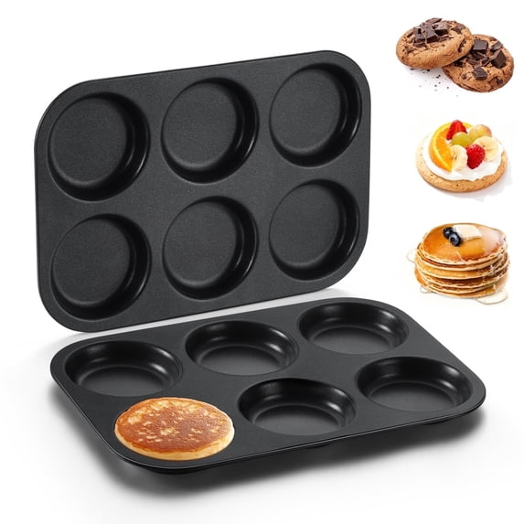 Walchoice Muffin Top Pan Set of 2, 6-Cup Stainless Steel Cupcake Pan for Baking, 11” x 7.5” Regular Size Metal Pan Tin Tray for Mini Cake Cookie Egg Hamburger, Oven & Dishwasher Safe - Black