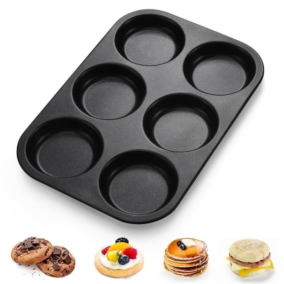 Walchoice Muffin Top Pan, 6-Cup Stainless Steel Cupcake Pan for Baking, 11” x 7.5” Regular Size Metal Pan Tin Tray for Mini Cake Cookie Egg Hamburger, Oven & Dishwasher Safe - Black