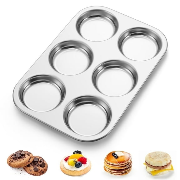 Walchoice Muffin Top Pan, 6-Cup Stainless Steel Cupcake Pan for Baking, Metal Muffin Pan Tin Tray for Cookie Pancake Hamburger Egg, Oven & Dishwasher Safe, Regular Size (11” x 7.5”, Silver)