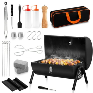 Walchoice Portable Charcoal Grill Set of 23, Small Tabletop Barbecue Grill with Grilling Accessories for Outdoor Cooking Camping Backyard Beach, Thermometer & Chimney, Black