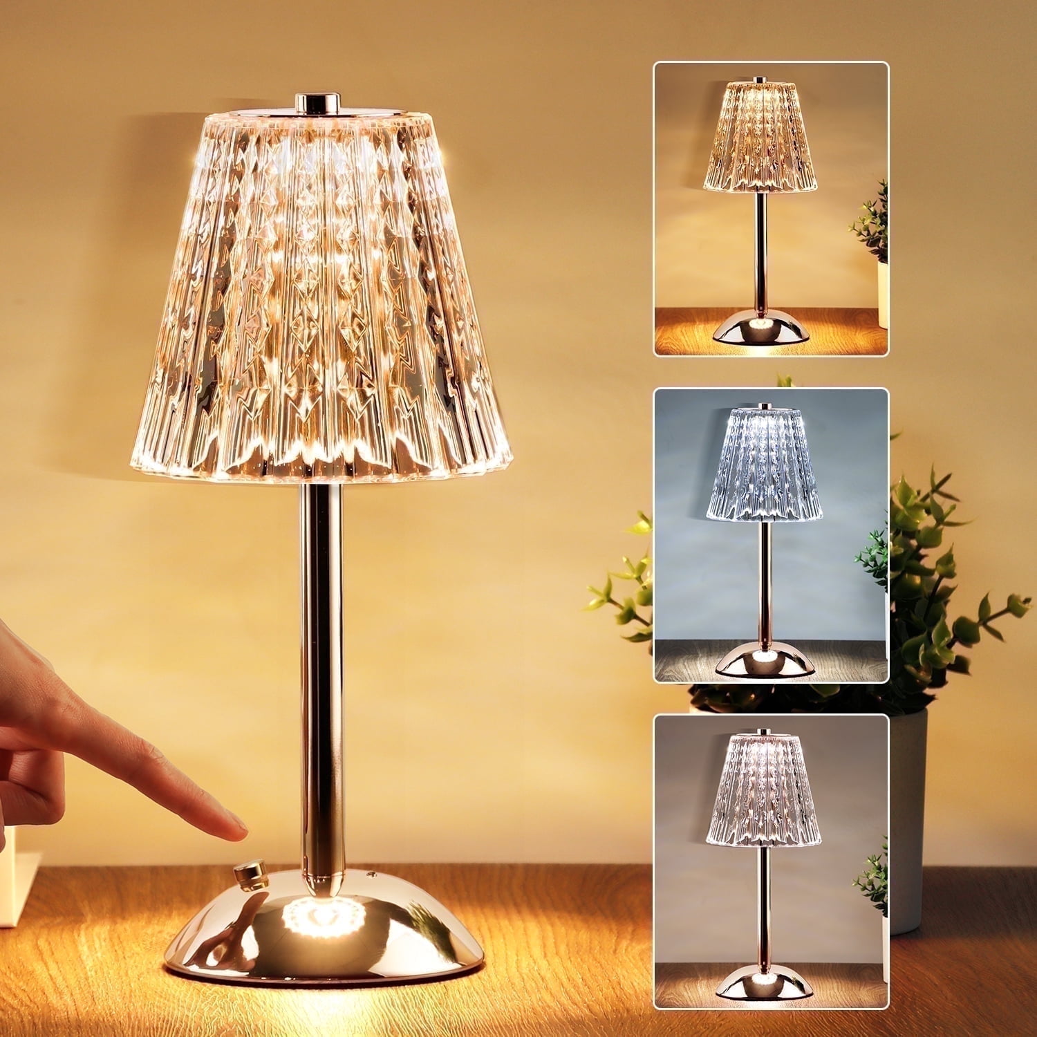 Walchoice Portable Table Lamp, Dimmable Rechargeable Romantic Crystal Lamp, Touch Control 3 Colors LED Desk Lamp Cordless Lamp for Home Bedroom Living Room Hotel, Gold