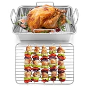 Walchoice Roasting Pan with Rack Set, 14 Inch Stainless Steel Large Turkey Roaster with V-shaped rack & Cooling Rack for Thanksgiving, Heavy Duty & Dishwasher Safe