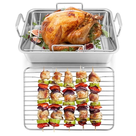 Walchoice Roasting Pan with Rack Set, 14 Inch Stainless Steel Large Turkey Roaster with V-shaped rack & Cooling Rack for Thanksgiving, Heavy Duty & Dishwasher Safe