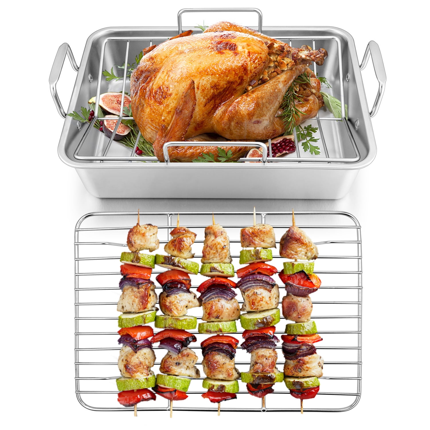 Walchoice Stainless Steel Roasting Pan with V-Rack Cooling Rack