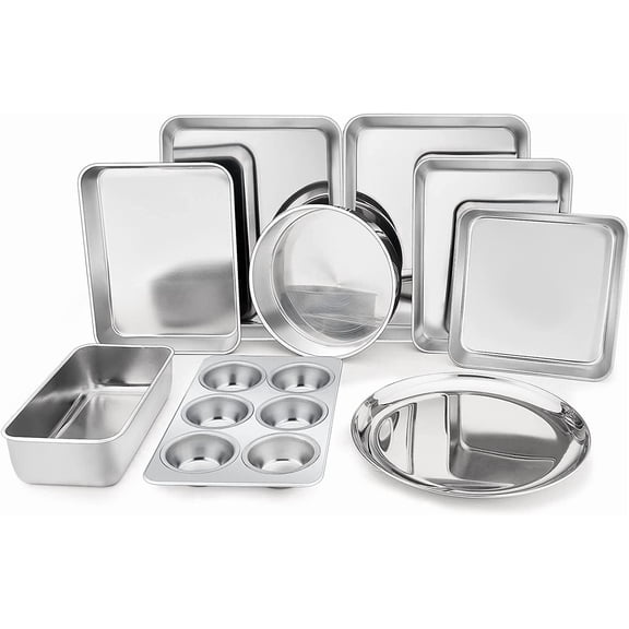 Walchoice Stainless Steel Bake Set of 9, Metal Cake Baking Pans, Include Baking Pans & Cookie Sheets, Pizza/Loaf/Muffin Pan