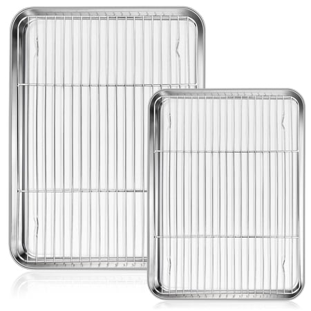 Walchoice Stainless Steel Baking Sheet with Rack Set(2 Pans + 2 Racks), Cookie Sheet Baking Tray with Cooling Racks for Home Restaurant, Oven & Dishwasher Safe