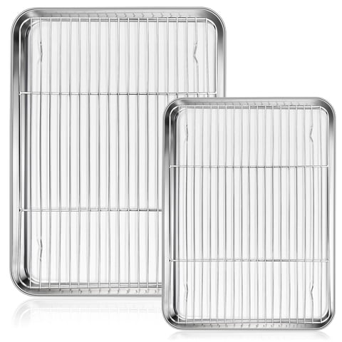 Walchoice Stainless Steel Baking Sheet with Rack Set(2 Pans + 2 Racks), Cookie Sheet Baking Tray with Cooling Racks for Home Restaurant, Oven & Dishwasher Safe
