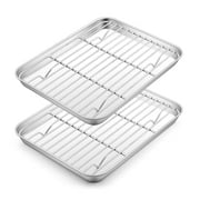 Walchoice Stainless Steel Baking Sheet with Rack Set (2 Pans + 2 Racks), Small Metal Cookie Trays and Racks, 10.5” x 8” x 1”