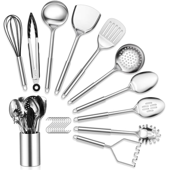 Walchoice Stainless Steel Kitchen Utensils Set, 21 PCS Cooing Utensils Set With Holder, Metal Kitchen Gadgets Cookware Tools for, Heat Resistant & Dishwasher Safe