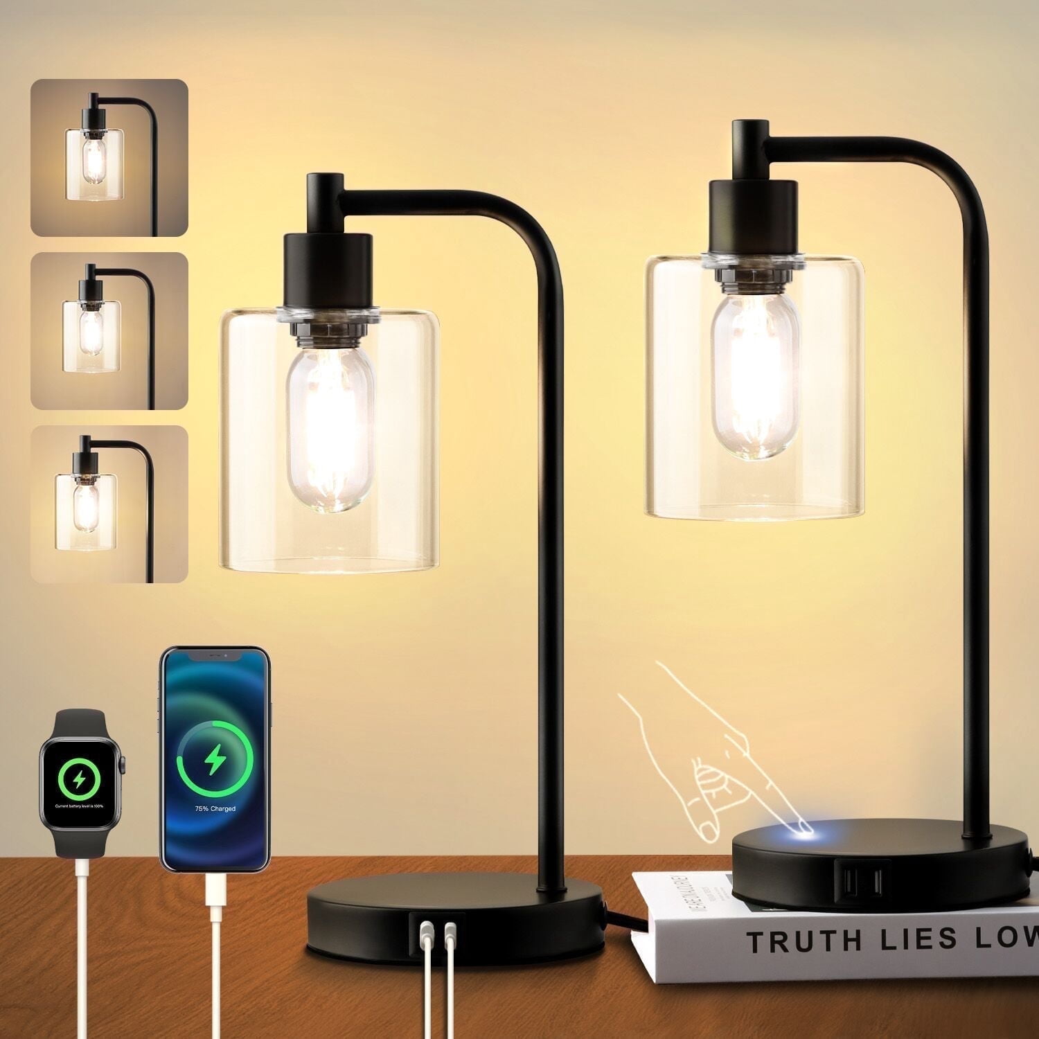 Walchoice Table Lamp Set of 2, Touch Control Desk Lamp with 2 USB Charging Ports, 3-Way Dimmable Nightstand Lamps with Glass Shade for Bedroom Living Room