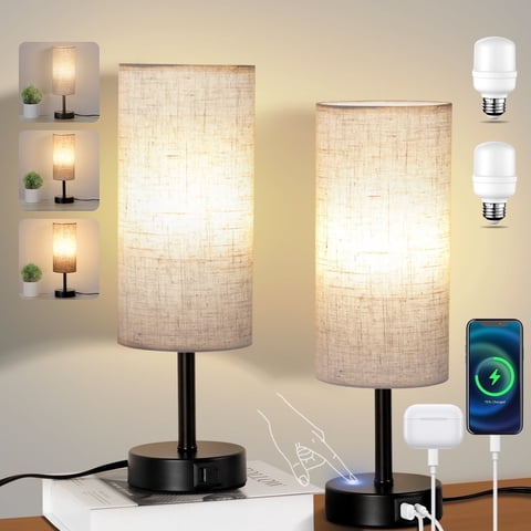 Walchoice Table Lamp Set of 2, Touch Control Desk Reading Lamp with USB A+C Charging Ports, 3-Way Dimmable Nightstand Lamps for Bedroom/ Living Room, Round Flaxen Shade