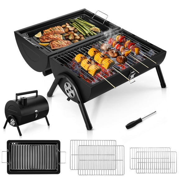 Walchoice Portable Charcoal Grill (Double-Sided BBQ Area), Small Tabletop Barbecue Grill with Tray, Grilling Rack, and Charcoal Rack, Suitable for Outdoor Camping Picnic Backyard Beach - Black
