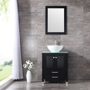 Walcut 24 Black Wood Bathroom Vanity Cabinet Tempered Glass Countertop Ceramic Sink w/ Mirror Shape 2