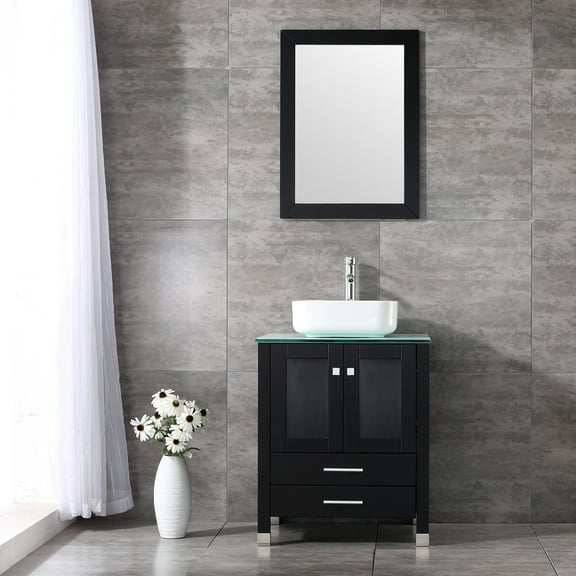 Walcut 24'' Black Wood Bathroom Vanity Cabinet Tempered Glass Countertop Ceramic Sink w/ Mirror Shape 3