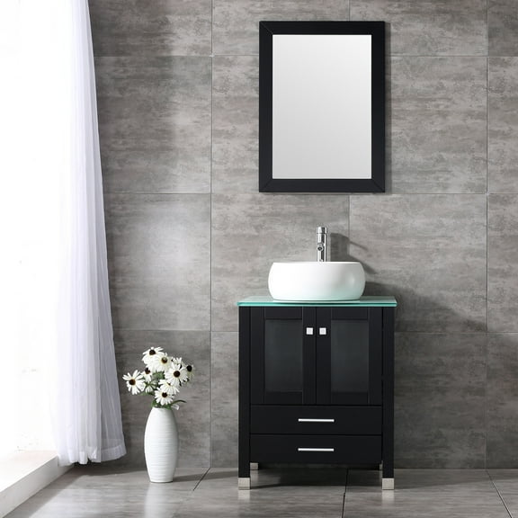 Walcut 24'' Black Wood Bathroom Vanity Cabinet Tempered Glass Countertop Ceramic Sink w/ Mirror Shape 4