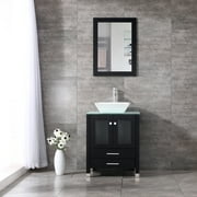 Walcut 24'' Black Wood Bathroom Vanity Cabinet Tempered Glass Countertop Ceramic Sink w/ Mirror