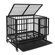 Walcut 37 Heavy Duty Dog Crate Metal Cage & Kennel with Removable Tray,Two Doors with WheelsBlack