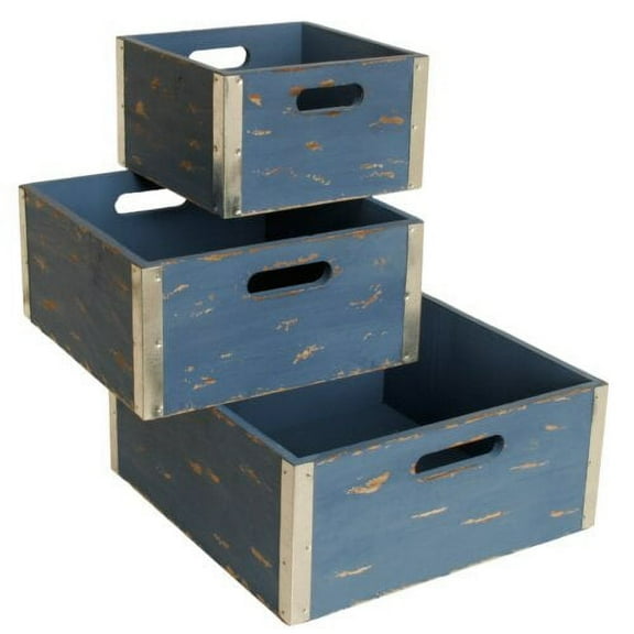 Wald Imports Blue Wood Storage Crates (Set of 3)