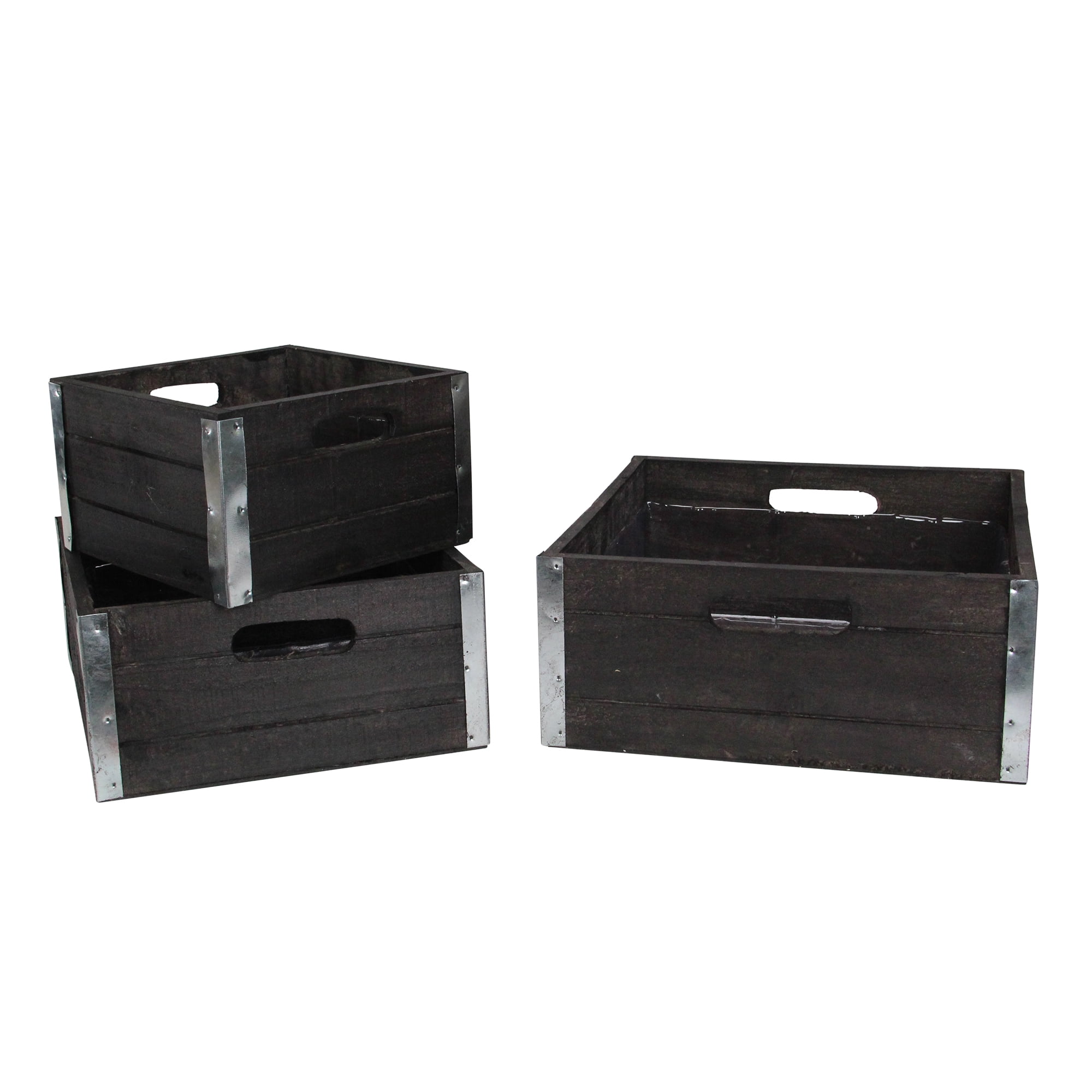 Set of 3 Brown and Silver Solid Square Nesting Wood Crates 11"