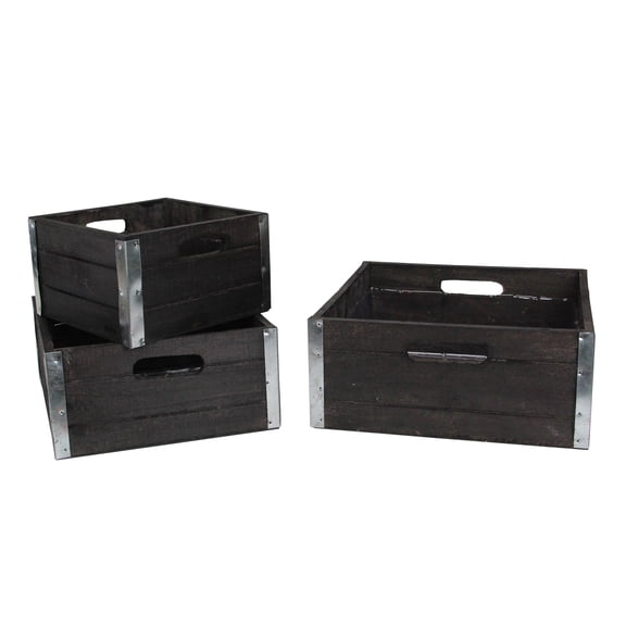 Set of 3 Brown and Silver Solid Square Nesting Wood Crates 11"