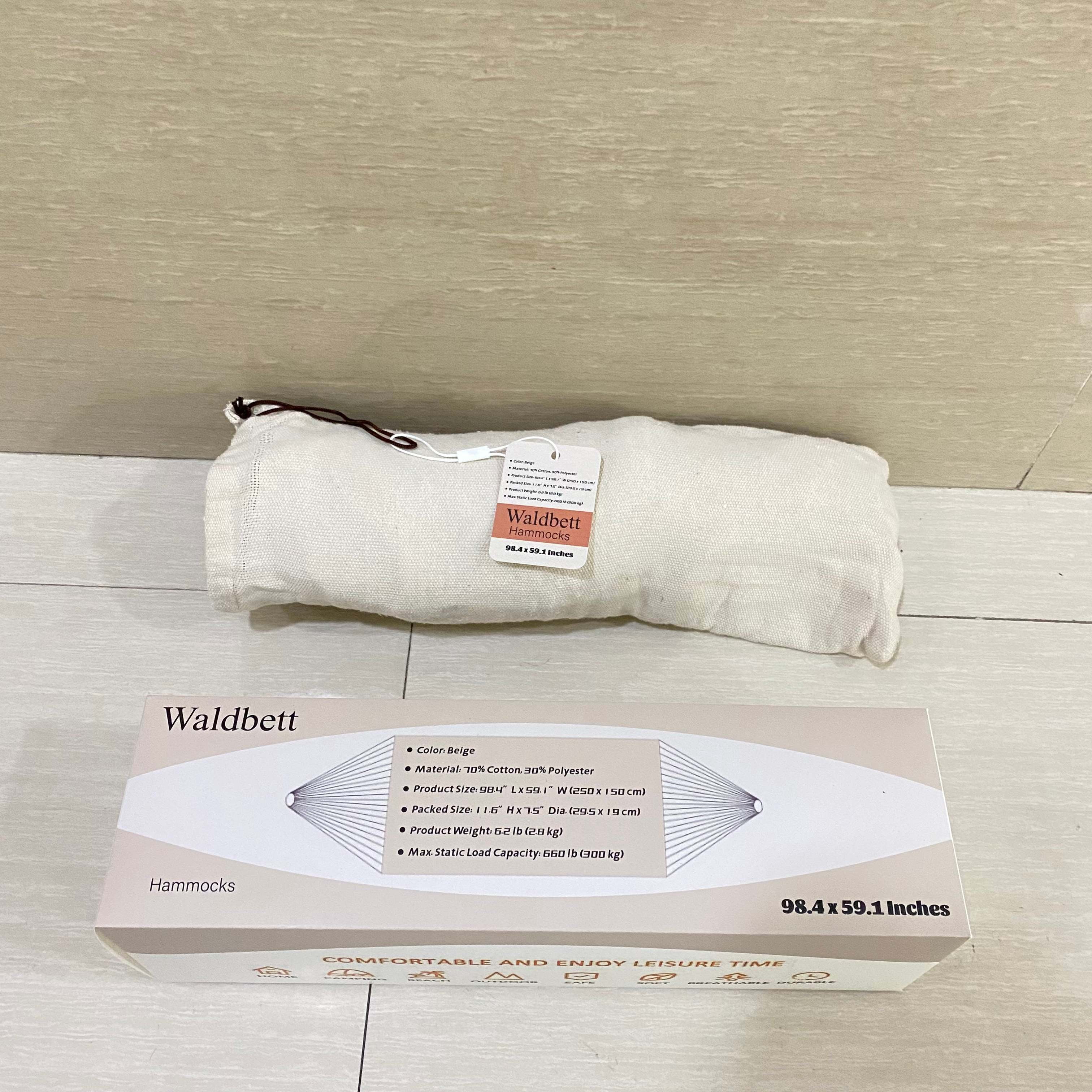 Waldbett Hammocks,12 foot double hammock, hand woven traditional cotton rope hammock, suitable for indoor and outdoor use, with a maximum load capacity of 450 pounds (beige, fully loaded)