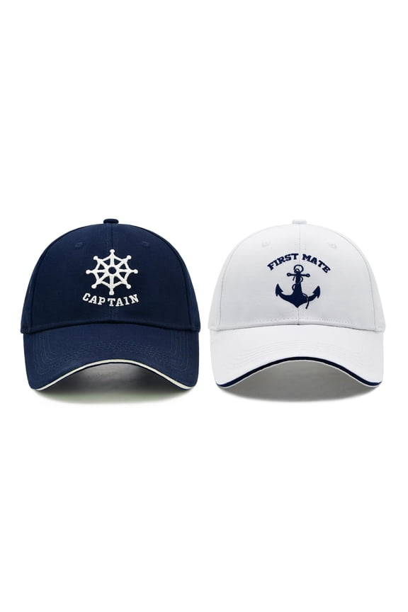 Captain and First Mate Hat Set, Adjustable Matching Cotton Nautical Marine Sailor Baseball Caps, Boat Owner Gift