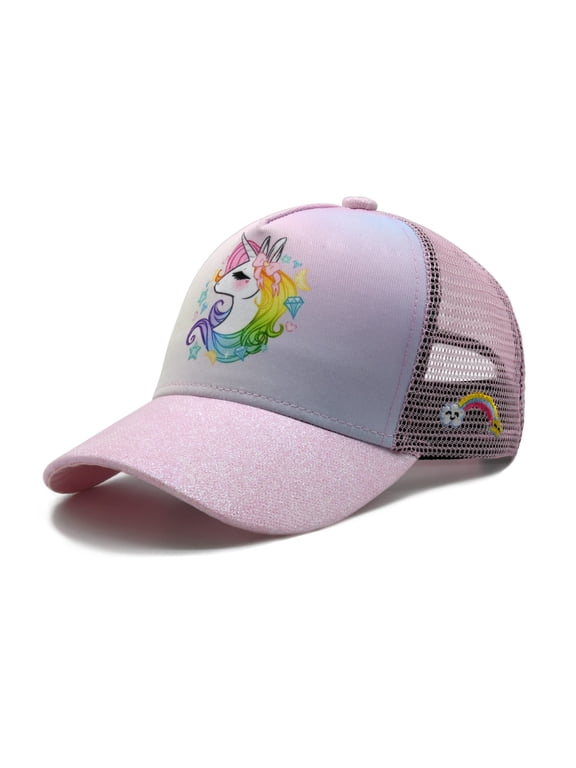 Girls' Unicorn Trucker Hat, Adjustable Mesh Snapback Baseball Cap for Toddler Kids Children