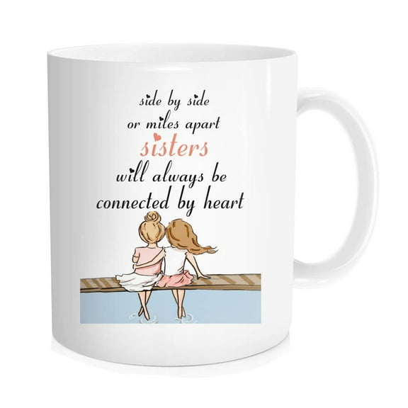 Waldeal Sister Coffee Mug, Side by Side Or Miles Apart Sisters Will Always Be Connected by Heart, Funny Galentine's Day Gift for Bestie Best Friends, 11 oz Bone China White