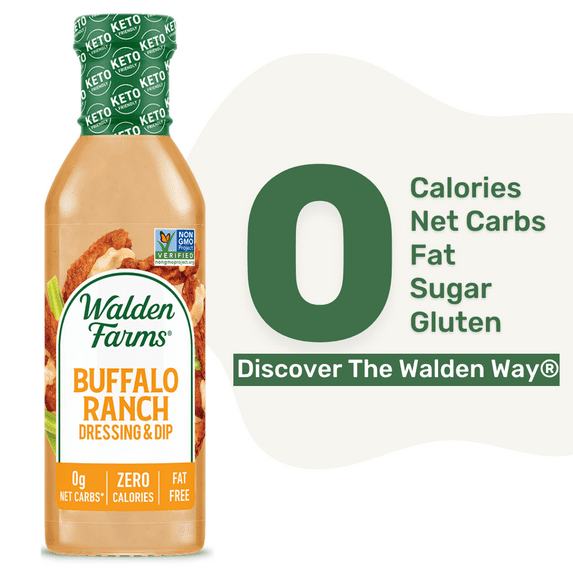 Walden Farms Buffalo Ranch Dressing for Salad, Dip, Chicken, and Fresh Foods, 12 oz. Bottle, Calorie, Gluten Free, and Fat Free, Vegan and Kosher, Creamy and Spicy Flavor