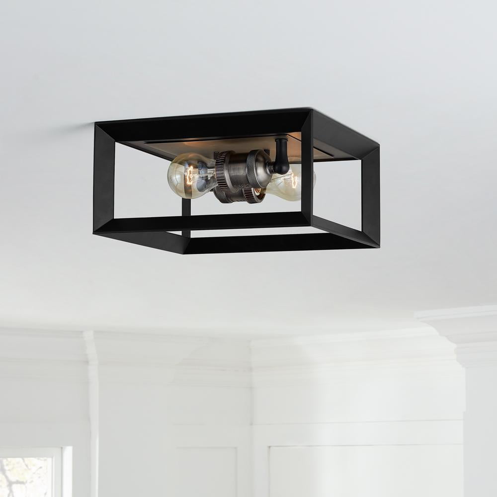 Walden Forge 2 Light Black Frame Flush Mount Ceiling Light with Antique Nickel Sockets
