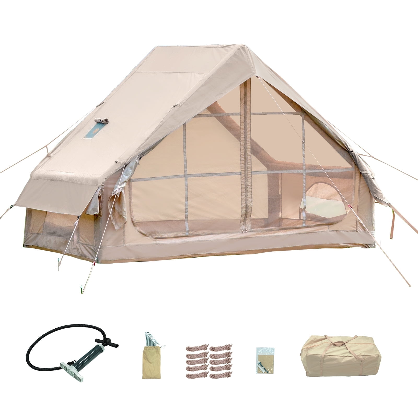 Waldmate Inflatable Camping Tent for 3-4 Person, Glamping Tent with Stove Jack Hand Pump, Oxford Waterproof Blow up Tent with Mesh Windows & Door
