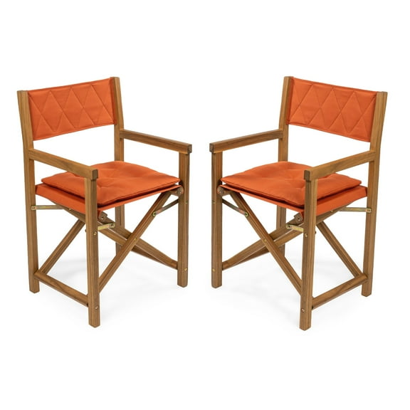 Waldo Classic Mid-Century Outdoor Acacia Wood Foldable Diamond-Quilted Back Director Chair with Cushion, Orange/Teak Brown (Set of 2)