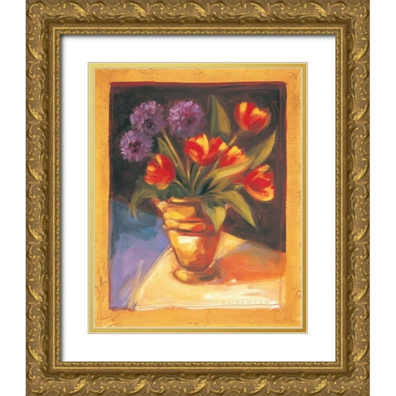Waldron, Sarah 12x14 Gold Ornate Wood Framed with Double Matting Museum Art Print Titled - Tulip and Dahlia