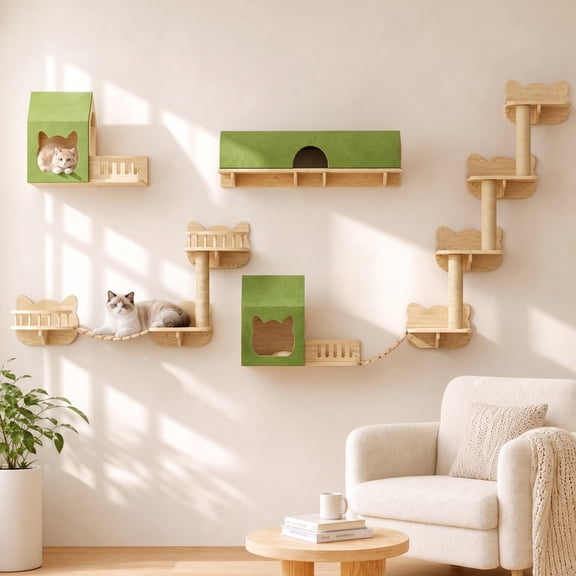 Waleaf 16 Piece Cat Wall Shelves for Indoor cats,Wall Mounted Cat Climber Set with House,Tunnel,Bridge,Steps,Scratcher,Bed